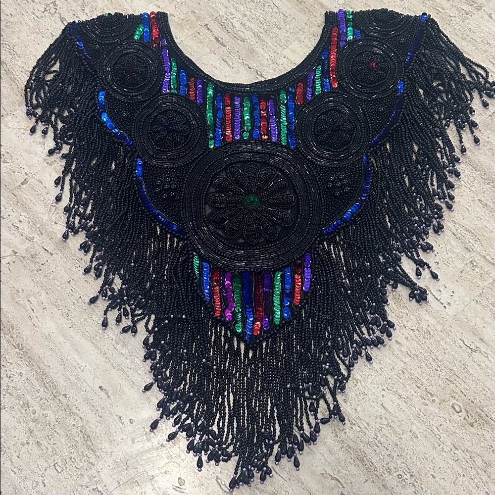 Unbranded Black Heavily Beaded Colorful Fringe Capelet Collar top Holidays party